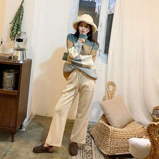 Drawcord Wide-leg Rib Knit Pants Beige - One Size