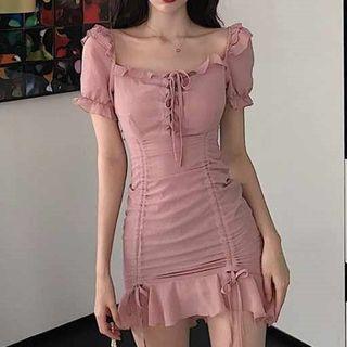 Ruched Front Frilled Trim Lace-up Sheath Dress