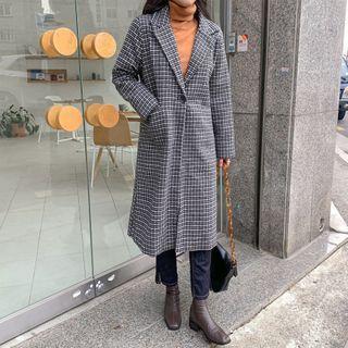 Peaked-lapel Single-button Checked Coat Black - One Size