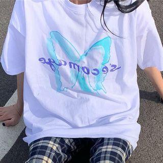 Short-sleeve Butterfly Print Lettering T-shirt