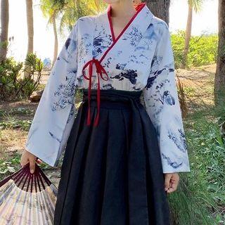 Traditional Chinese Long-sleeve Printed Top / A-line Maxi Skirt