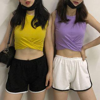 Sleeveless Knot-front Crop Top / Contrast-trim Sweatshorts