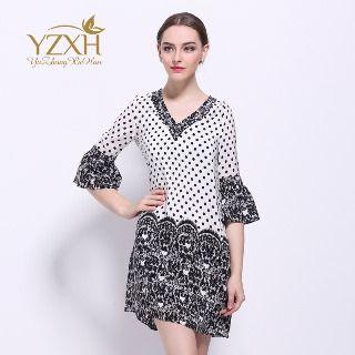Elbow-sleeve Silk Patterned A-line Dress