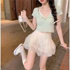 Short-sleeve Henley T-shirt / Mesh Mini A-line Skort