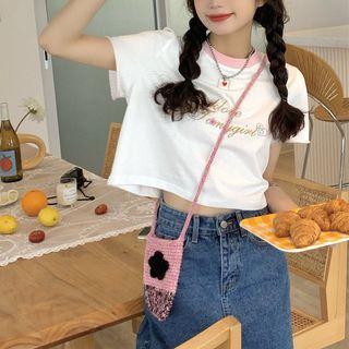 Color Panel Collar Gold Lettering Cropped T-shirt