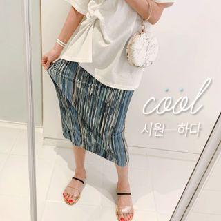 Band-waist Striped Pleated Skirt