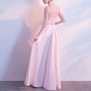 Mandarin Collar Elbow-sleeve A-line Evening Gown