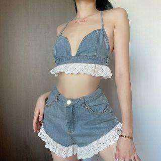 Flower Trim Denim Halter Top / Denim Shorts / Set