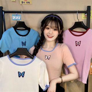 Short-sleeve Butterfly Embroidery Knit Top