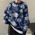 Floral Jacquard Sweater Blue & White - One Size