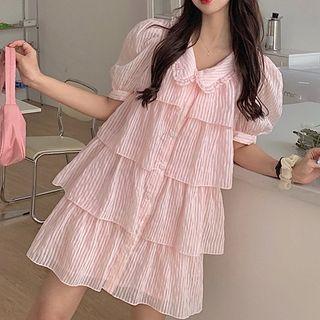 Puff-sleeve Tiered A-line Mini Shirtdress