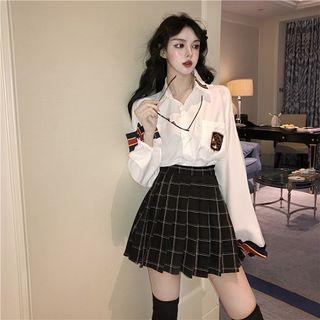 Pocket Detail Shirt / Plaid Pleated Skirt / Set