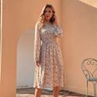 Long-sleeve Stand Collar Floral Print A-line Dress