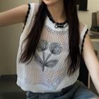 Sleeveless Floral Embroidered Loose Knit Top Black & White - One Size