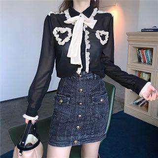 Color-block Long-sleeve Chiffon Blouse / Slim-fit Denim Skirt
