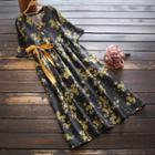 Short-sleeve Floral Print Tie-waist Midi A-line Dress Black - One Size