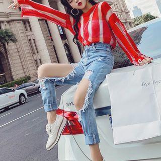 Set: Striped Knit Top + Ripped Straight Cut Jeans