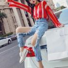 Set: Striped Knit Top + Ripped Straight Cut Jeans