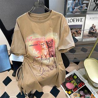 Cat Print Drawstring Vintage T-shirt
