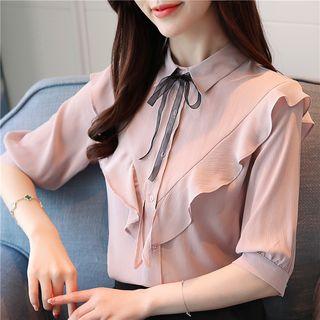Elbow-sleeve Tie-neck Ruffle Blouse