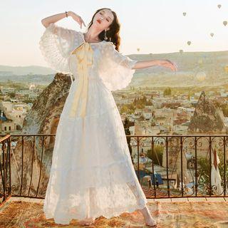 Set: Embroidered Strappy Midi Dress + Shawl
