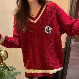 V-neck Contrast Trim Cable Knit Loose Fit Sweater