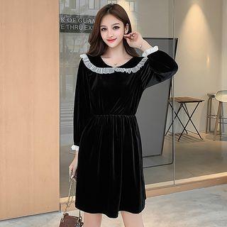 Frilled Trim Velvet Long-sleeve A-line Dress