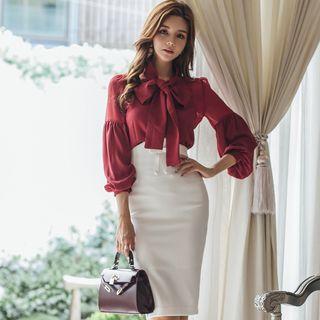 Lantern-sleeve Tie-neck Blouse / Plain Pencil Skirt