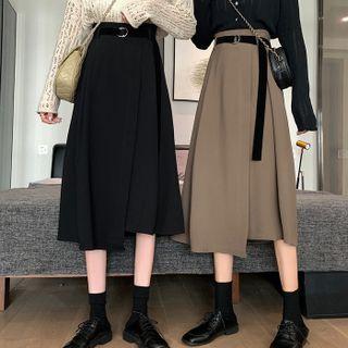 Belted Asymmetrical Midi A-line Skirt