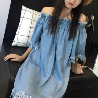 Distressed Off Shoulder 3/4 Sleeve Denim Dress