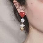 Heart & Bead Dangle Earring 0098a# - 1 Pair - Normal Needle - Heart - Red - One Size