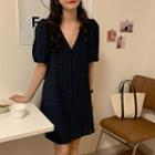 Puff-sleeve V-neck Dress Dark Blue - One Size