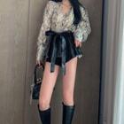 Set: Printed Shirt + Faux Leather Skirt Shirt - Gold - One Size / Skirt - Black - One Size