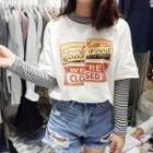 Mock Two Piece Striped Panel Printed Long Sleeve T-shirt