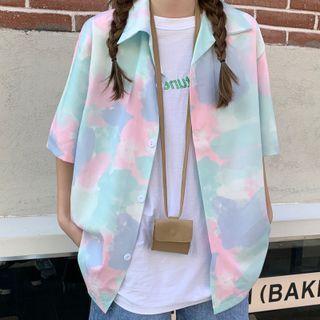 Short-sleeve Print Shirt Light Green & Light Blue & Pink - One Size