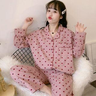 Loungewear Set: Heart Print Long-sleeve Button Top + Pants Pink - One Size