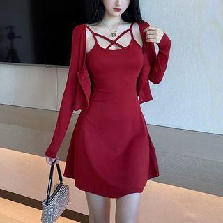 Set: Spaghetti-strap Mini Dress + Plain Cardigan