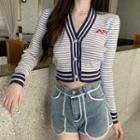 Long-sleeve Striped Faux Pearl Button Cropped Cardigan / Panel Hot Pants