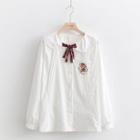 Puff-sleeve Bear Embroidered Pintuck Blouse White - One Size