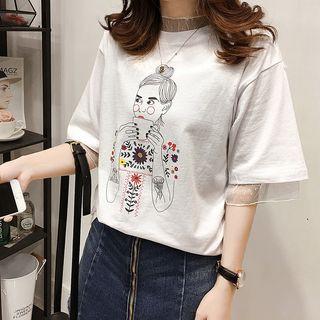 Mock Two Piece Printed Mesh Panel Short Sleeve T-shirt