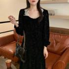 Faux Pearl Lace Trim Midi A-line Dress Black - One Size
