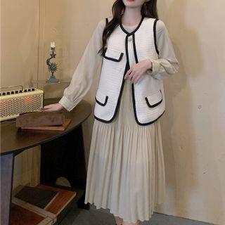 Contrast Trim Vest / Long-sleeve Pleated Dress