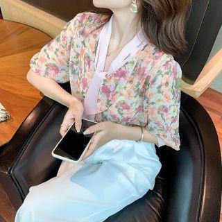 Elbow-sleeve V-neck Floral Print Chiffon Blouse