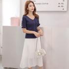 Set: Short-sleeve V-neck Knit Top + Accordion Pleat Midi Chiffon Skirt