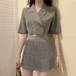 Short-sleeve Crop Top / Plaid Skort