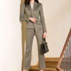 Set: Herringbone Blazer + Dress Pants / Mini Pencil Skirt + V-neck Blouse