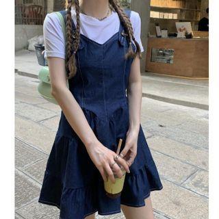 Short-sleeve Plain T-shirt / Denim Mini Overall Dress