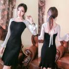 Long-sleeve Tie-back Mini Sheath Knit Dress White & Black - One Size