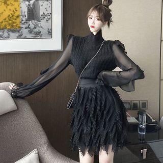 Mock-turtleneck Chiffon Panel Sweater / Fringed A-line Mini Skirt