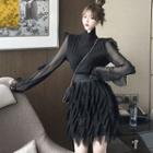 Mock-turtleneck Chiffon Panel Sweater / Fringed A-line Mini Skirt